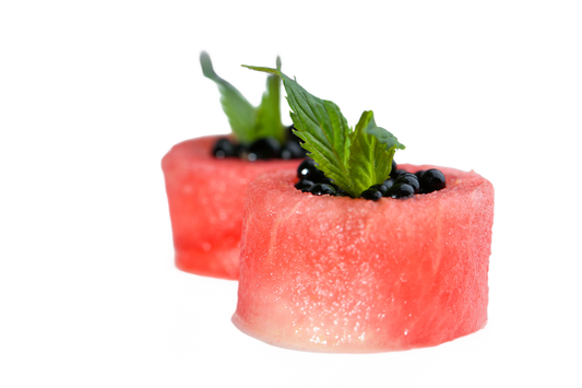 Watermelon Medallions With Blueberries and Peach Balsamic Vinegar
