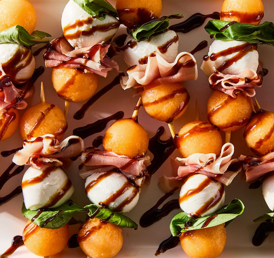 Melon and Prosciutto Skewers with Balsamic Vinegar