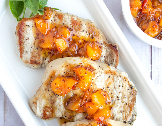 Basil-Rubbed Pork chops with Fresh Peach Mostarda and Peach Balsamic Vinegar