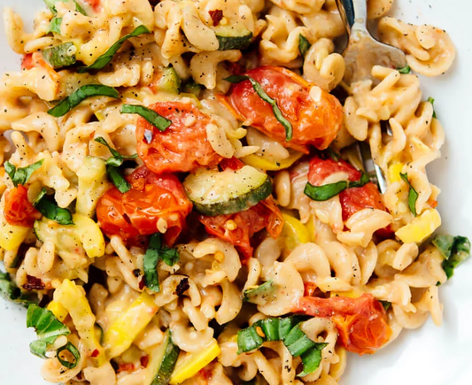 Cherry Tomato & Summer Squash Pasta with Basil Olive Oil
