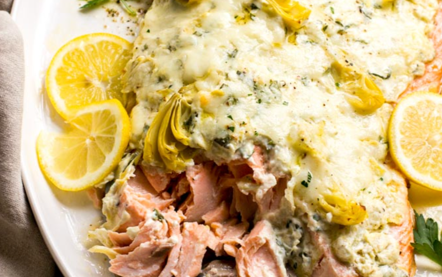Baked Salmon with Vines & Groves Lemon Artichoke Spread