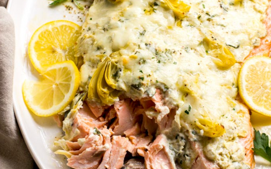 Baked Salmon with Vines & Groves Lemon Artichoke Spread